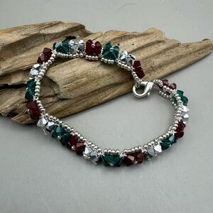 Handcrafted Silver Bead Bracelet with Red and Forest Green Crystals